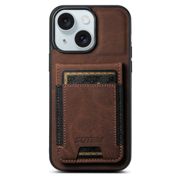 For iPhone 15 Suteni H03 Litchi Leather Card Bag Stand Back Phone Case(Brown) - HoMEdemic™ 