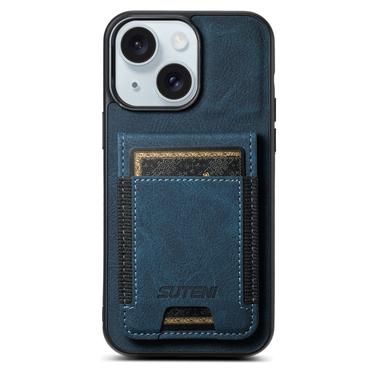 For iPhone 15 Suteni H03 Litchi Leather Card Bag Stand Back Phone Case(Blue) - HoMEdemic™ 