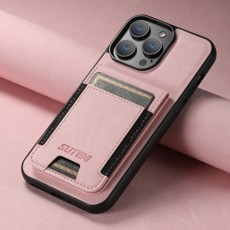 For iPhone 15 Suteni H03 Litchi Leather Card Bag Stand Back Phone Case(Pink) - HoMEdemic™ 