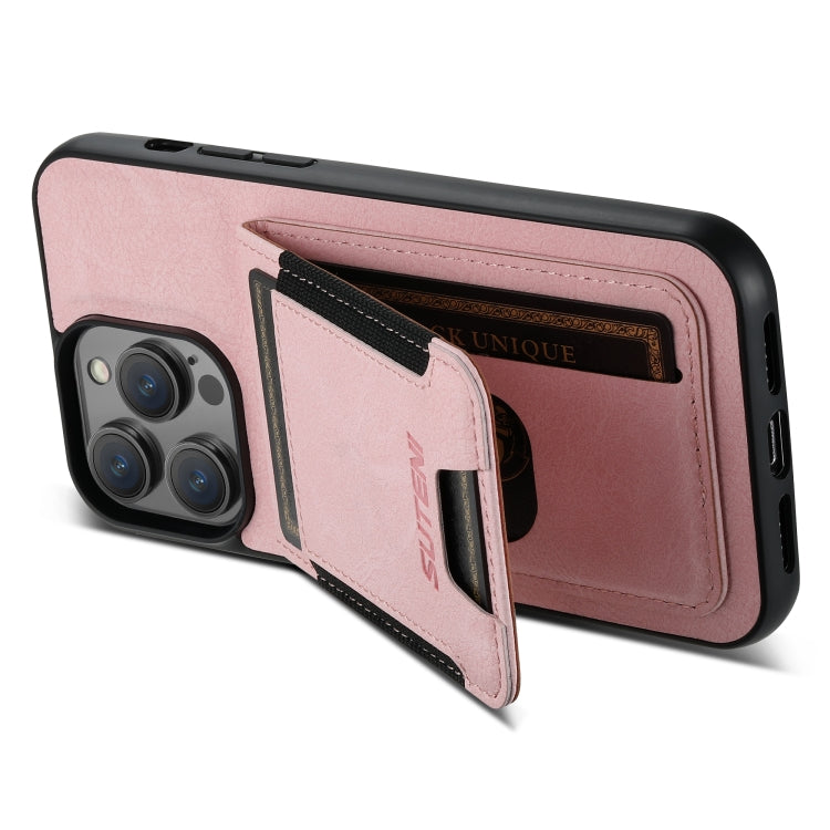 For iPhone 15 Suteni H03 Litchi Leather Card Bag Stand Back Phone Case(Pink) - HoMEdemic™ 