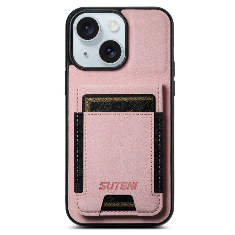 For iPhone 15 Suteni H03 Litchi Leather Card Bag Stand Back Phone Case(Pink) - HoMEdemic™ 