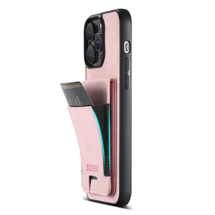 For iPhone 15 Suteni H03 Litchi Leather Card Bag Stand Back Phone Case(Pink) - HoMEdemic™ 
