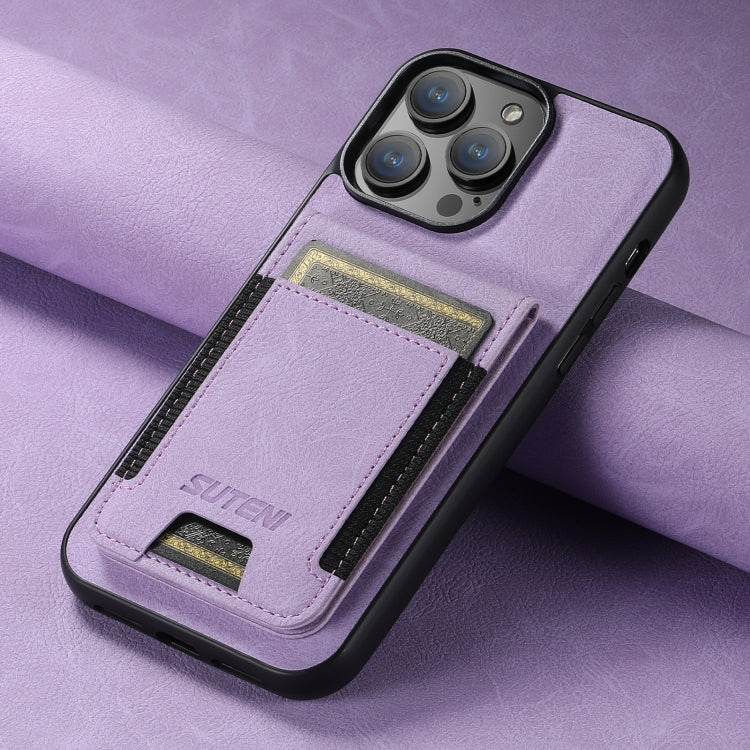 For iPhone 15 Suteni H03 Litchi Leather Card Bag Stand Back Phone Case(Purple) - HoMEdemic™ 