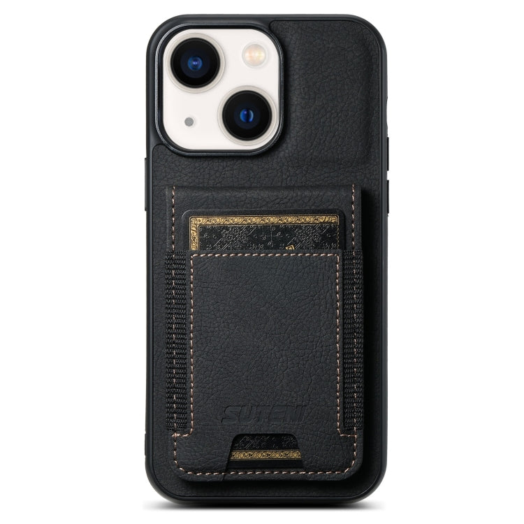 For iPhone 14 Suteni H03 Litchi Leather Card Bag Stand Back Phone Case(Black) - HoMEdemic™ 
