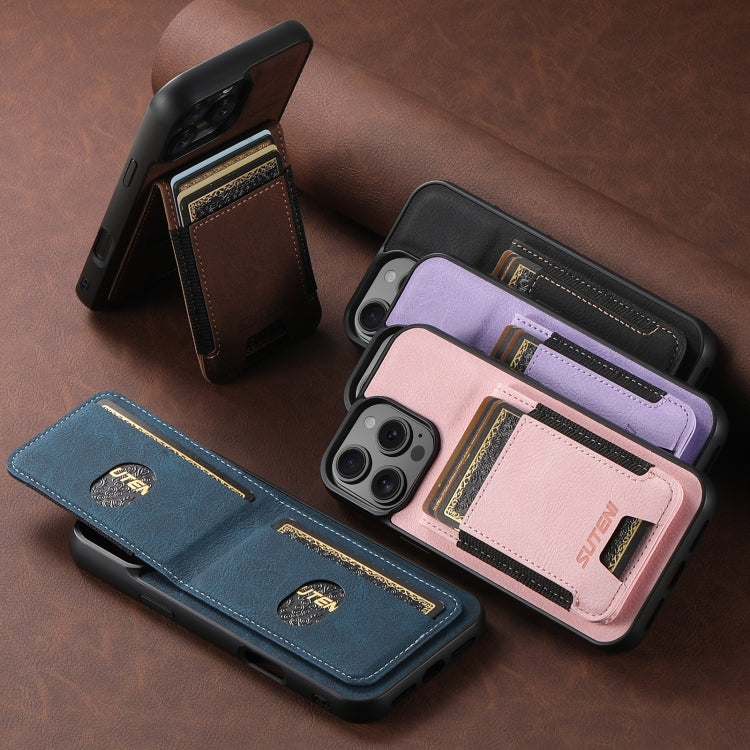 For iPhone 15 Suteni H03 Litchi Leather Card Bag Stand Back Phone Case(Pink) - HoMEdemic™ 