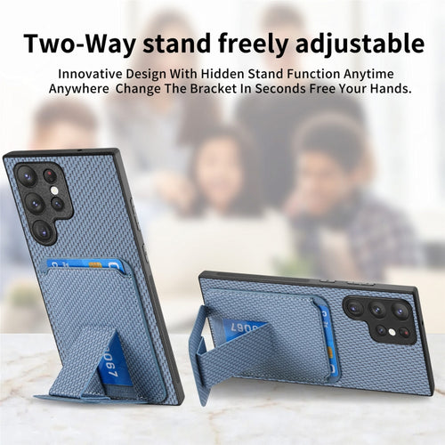 For Samsung Galaxy S24 Ultra 5G Carbon Fiber Card Bag Fold Stand Phone Case(Blue) - HoMEdemic™ 