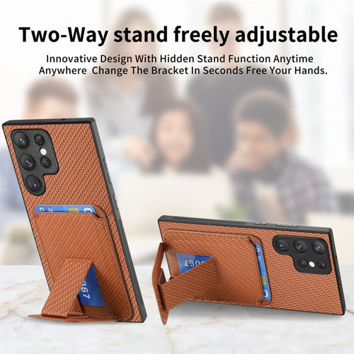 For Samsung Galaxy S24 Ultra 5G Carbon Fiber Card Bag Fold Stand Phone Case(Brown) - HoMEdemic™ 