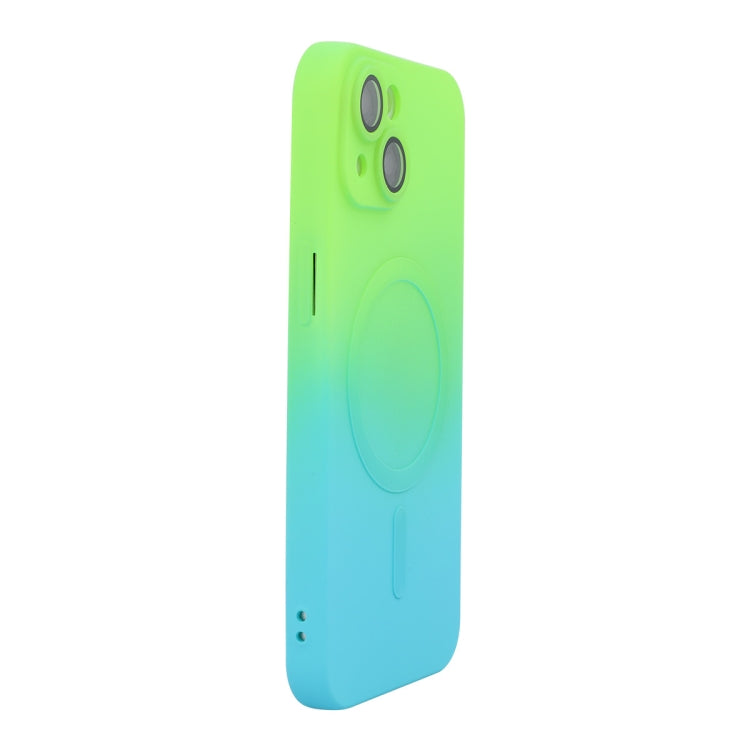 For iPhone 15 Plus ENKAY Hat-Prince MagSafe Rainbow Gradient Silicone Phone Case with Lens Film(Green Blue) - HoMEdemic™ 