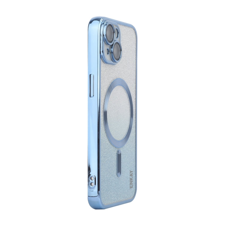 For iPhone 15 ENKAY Hat-Prince Magnetic Glitter Plated Shockproof Phone Case with Lens Film(Blue) - HoMEdemic™ 
