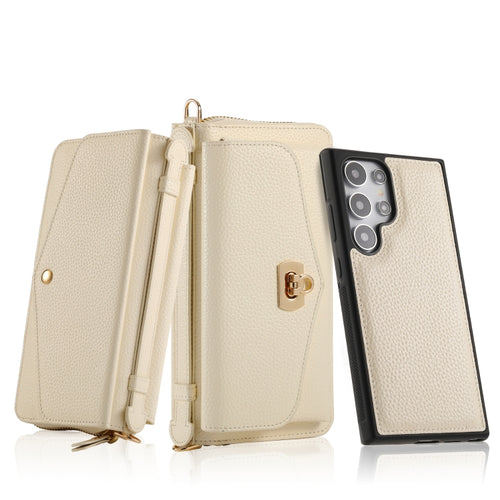 For Samsung Galaxy S24 Ultra 5G Crossbody Multi-functional Zipper Wallet Litchi Leather Phone Case(Beige) - HoMEdemic™ 