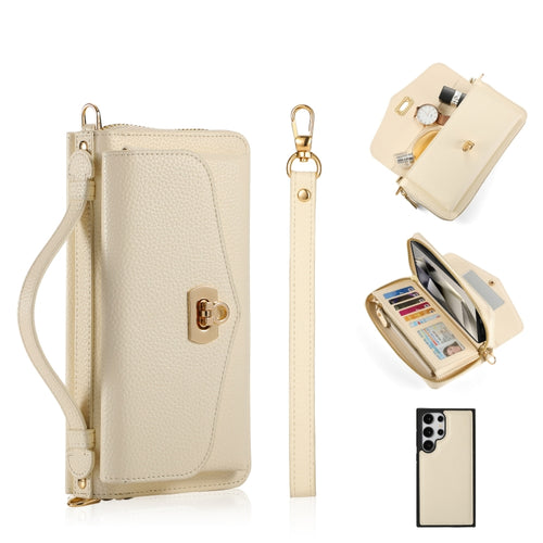 For Samsung Galaxy S24 Ultra 5G Crossbody Multi-functional Zipper Wallet Litchi Leather Phone Case(Beige) - HoMEdemic™ 