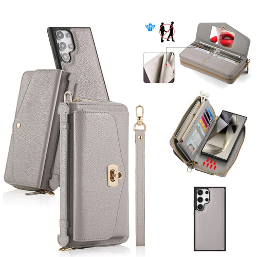 For Samsung Galaxy S24 Ultra 5G Crossbody Multi-functional Zipper Wallet Litchi Leather Phone Case(Grey) - HoMEdemic™ 