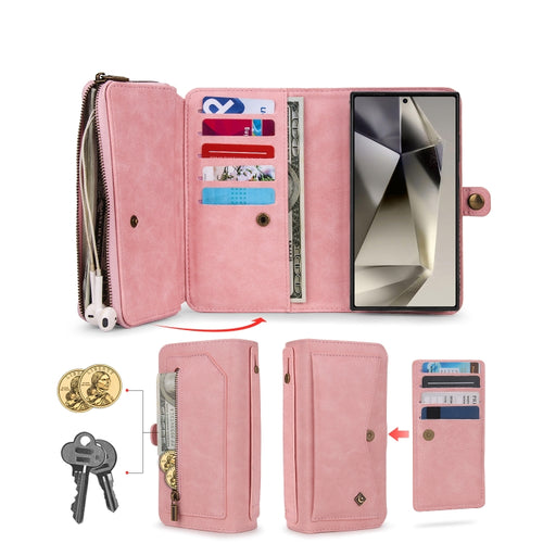 For Samsung Galaxy S24 Ultra 5G Multi-functional Zipper Wallet Leather Phone Case(Pink) - HoMEdemic™ 