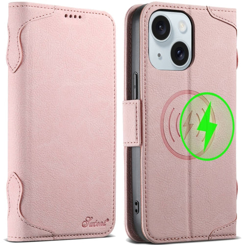 For iPhone 15 SUTENI J07 Multifunctional Horizontal Flip Magsafe Leather Phone Case(Pink) - HoMEdemic™ 