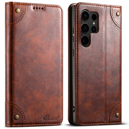 For Samsug Galaxy S24 Ultra 5G Suteni Baroque Calf Texture Buckle Wallet Leather Phone Case(Khaki) - HoMEdemic™ 