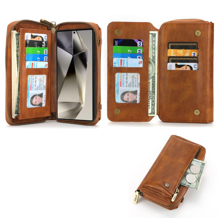 For Samsung Galaxy S24 5G Crossbody Multi-functional Zipper Wallet Leather Phone Case(Brown) - HoMEdemic™ 