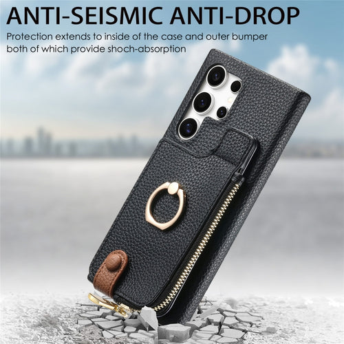 For Samsung Galaxy S24 Ultra 5G Litchi Leather Oil Edge Ring Zipper Wallet Back Phone Case(Black) - HoMEdemic™ 