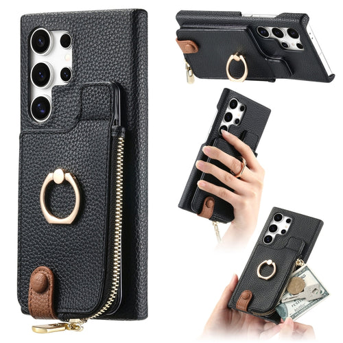 For Samsung Galaxy S24 Ultra 5G Litchi Leather Oil Edge Ring Zipper Wallet Back Phone Case(Black) - HoMEdemic™ 