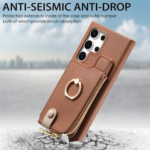 For Samsung Galaxy S24 Ultra 5G Litchi Leather Oil Edge Ring Zipper Wallet Back Phone Case(Brown) - HoMEdemic™ 