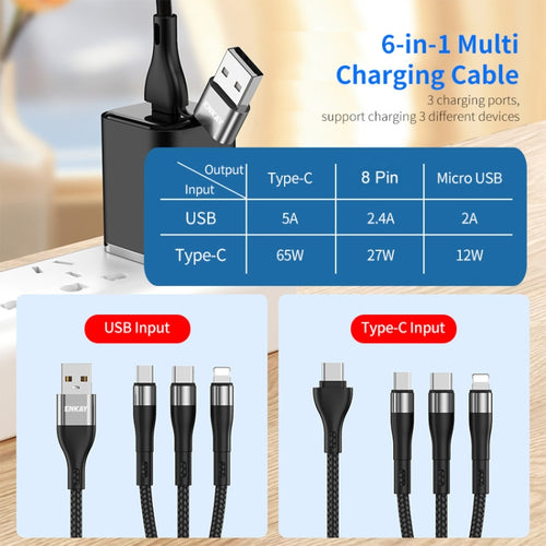 ENKAY 6-in-1 5A USB + Type-C to Type-C / 8 Pin / Micro USB Multifunction Fast Charging Cable, Cable Length:1.3m(Black) - HoMEdemic™ 