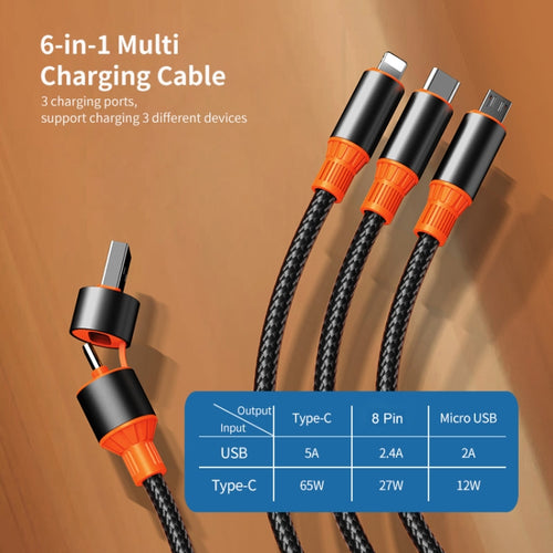 ENKAY 6-in-1 5A USB + Type-C to Type-C / 8 Pin / Micro USB Multifunction Fast Charging Cable, Length:1.2m(Black Orange) - HoMEdemic™ 