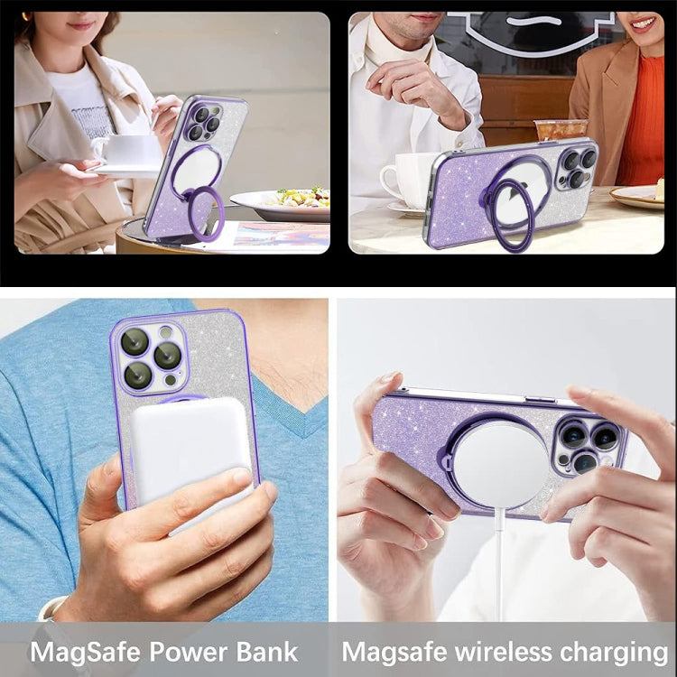 For iPhone 15 Pro Rotation MagSafe Holder Gradient Glitter TPU Phone Case(Sierra Blue) - HoMEdemic™ 