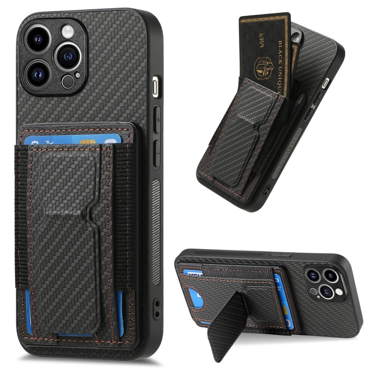 For iPhone 15 Pro Carbon Fiber Fold Stand Elastic Card Bag Phone Case(Black) - HoMEdemic™ 