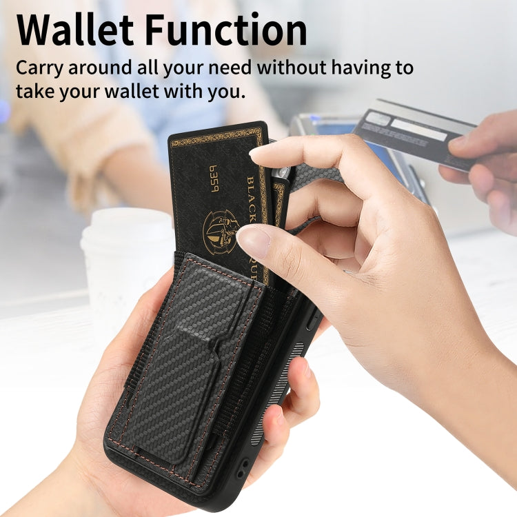 For iPhone 15 Pro Carbon Fiber Fold Stand Elastic Card Bag Phone Case(Black) - HoMEdemic™ 