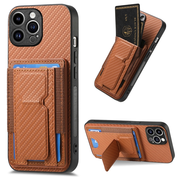 For iPhone 15 Pro Carbon Fiber Fold Stand Elastic Card Bag Phone Case(Brown) - HoMEdemic™ 