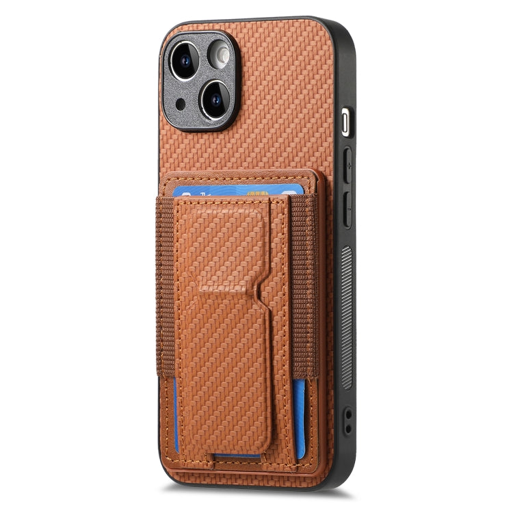 For iPhone 15 Pro Carbon Fiber Fold Stand Elastic Card Bag Phone Case(Brown) - HoMEdemic™ 