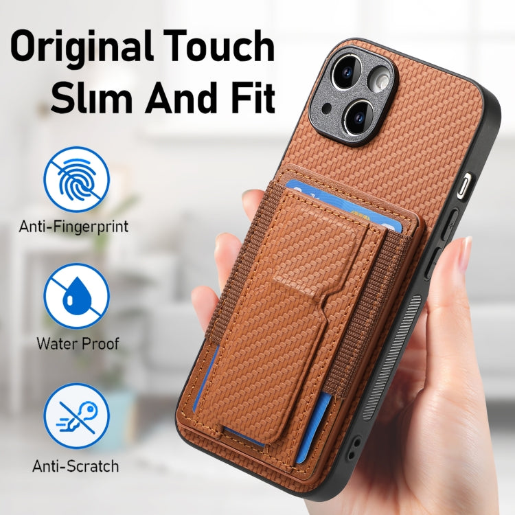For iPhone 15 Pro Carbon Fiber Fold Stand Elastic Card Bag Phone Case(Brown) - HoMEdemic™ 