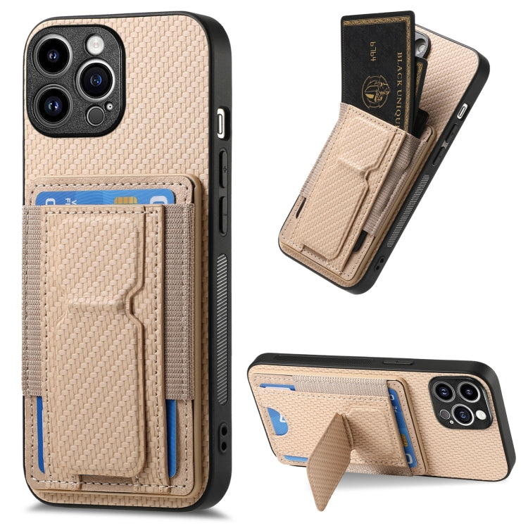 For iPhone 15 Pro Carbon Fiber Fold Stand Elastic Card Bag Phone Case(Khaki) - HoMEdemic™ 