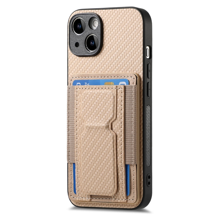 For iPhone 15 Pro Carbon Fiber Fold Stand Elastic Card Bag Phone Case(Khaki) - HoMEdemic™ 