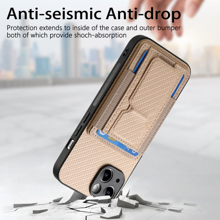 For iPhone 15 Pro Carbon Fiber Fold Stand Elastic Card Bag Phone Case(Khaki) - HoMEdemic™ 