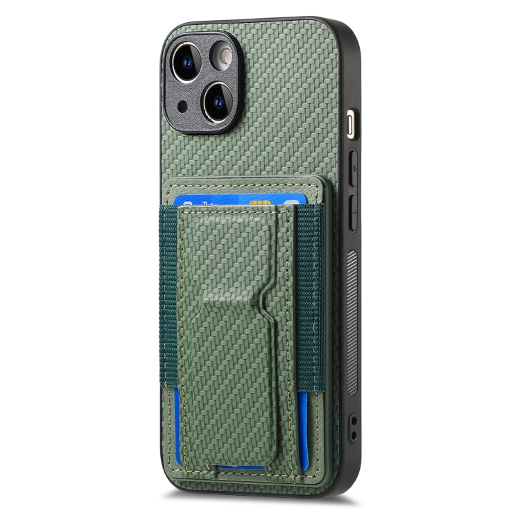 For iPhone 15 Pro Carbon Fiber Fold Stand Elastic Card Bag Phone Case(Green) - HoMEdemic™ 