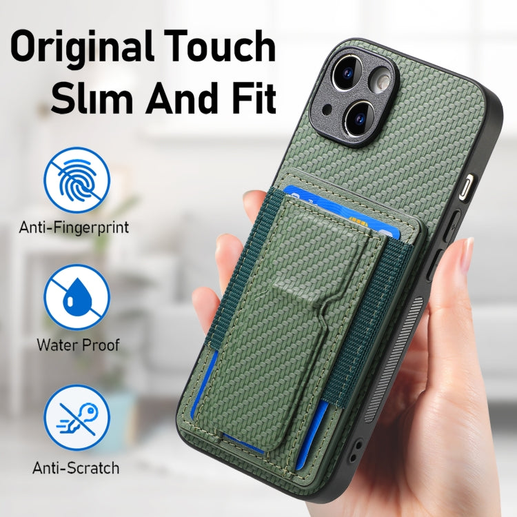 For iPhone 15 Pro Carbon Fiber Fold Stand Elastic Card Bag Phone Case(Green) - HoMEdemic™ 