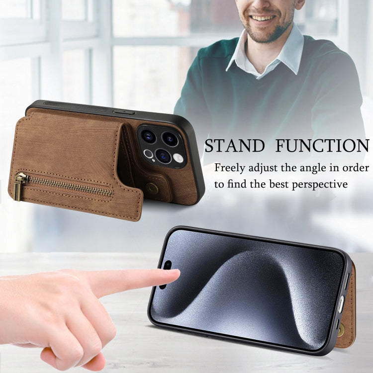 For iPhone 15 Pro Retro Leather Zipper Wallet Back Phone Case(Brown) - HoMEdemic™ 
