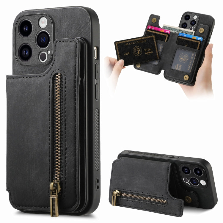 For iPhone 15 Pro Retro Leather Zipper Wallet Back Phone Case(Black) - HoMEdemic™ 