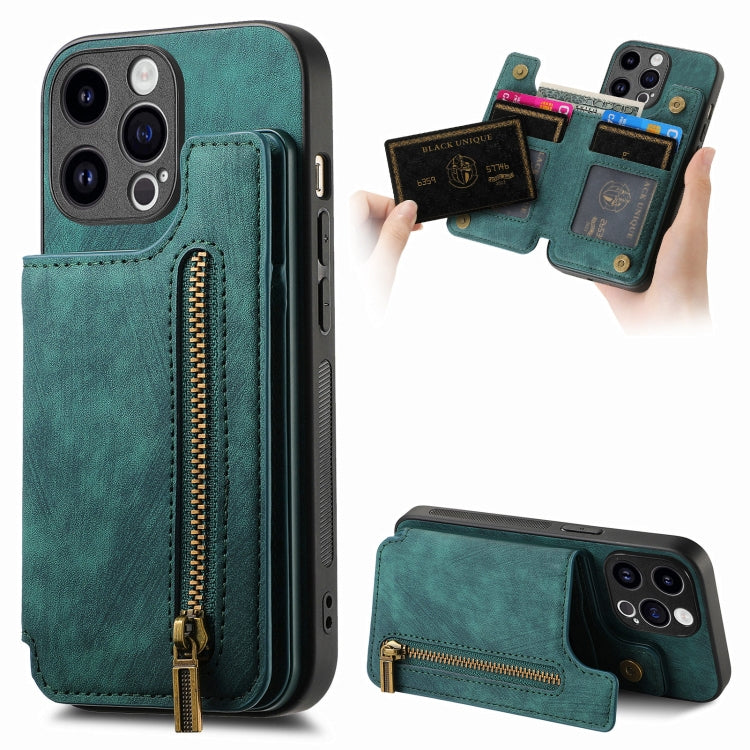 For iPhone 15 Pro Retro Leather Zipper Wallet Back Phone Case(Green) - HoMEdemic™ 