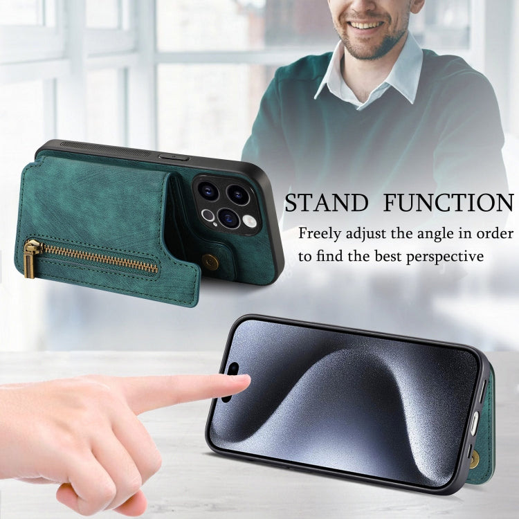 For iPhone 15 Pro Retro Leather Zipper Wallet Back Phone Case(Green) - HoMEdemic™ 
