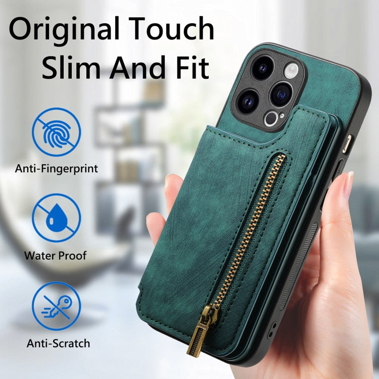 For iPhone 15 Pro Retro Leather Zipper Wallet Back Phone Case(Green) - HoMEdemic™ 