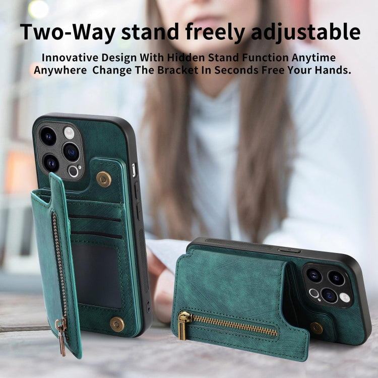 For iPhone 15 Pro Retro Leather Zipper Wallet Back Phone Case(Green) - HoMEdemic™ 