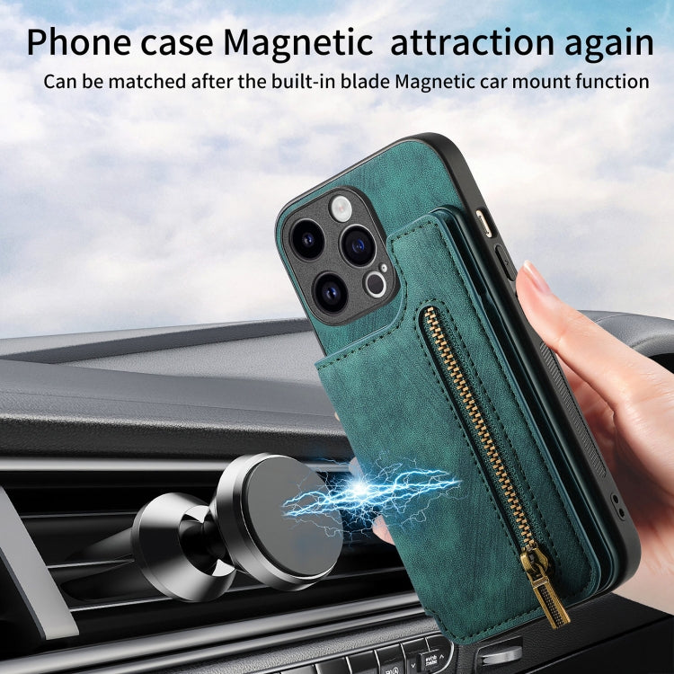 For iPhone 15 Pro Retro Leather Zipper Wallet Back Phone Case(Green) - HoMEdemic™ 
