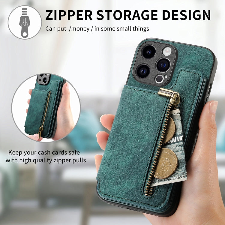 For iPhone 15 Pro Retro Leather Zipper Wallet Back Phone Case(Green) - HoMEdemic™ 