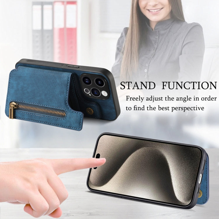 For iPhone 15 Pro Max Retro Leather Zipper Wallet Back Phone Case(Blue) - HoMEdemic™ 