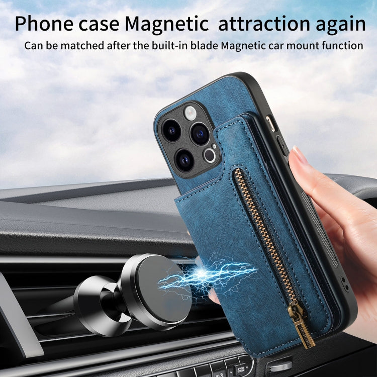 For iPhone 15 Pro Max Retro Leather Zipper Wallet Back Phone Case(Blue) - HoMEdemic™ 