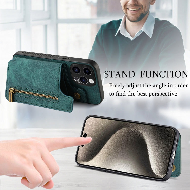 For iPhone 15 Pro Max Retro Leather Zipper Wallet Back Phone Case(Green) - HoMEdemic™ 