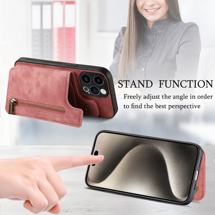 For iPhone 15 Pro Max Retro Leather Zipper Wallet Back Phone Case(Pink) - HoMEdemic™ 