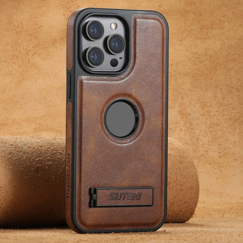 For iPhone 15 Pro Suteni G2 Magsafe Oil Wax Leather Back Phone Case with Holder(Brown) - HoMEdemic™ 