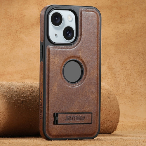 For iPhone 15 Suteni G2 Magsafe Oil Wax Leather Back Phone Case with Holder(Brown) - HoMEdemic™ 